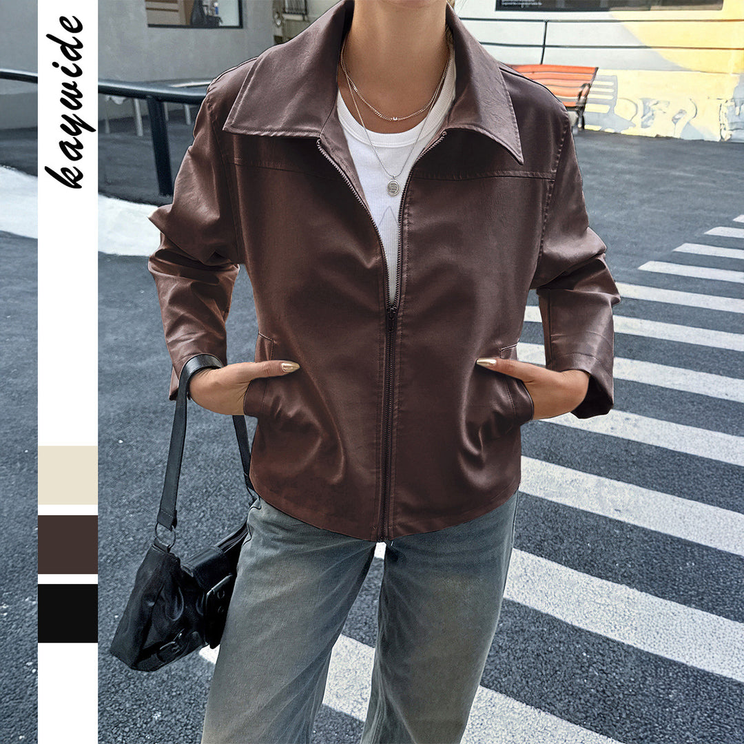 Damen nan elegante Kunstlederjacke mit Reißverschluss, Hemdkragen und Eingrifftaschen EB