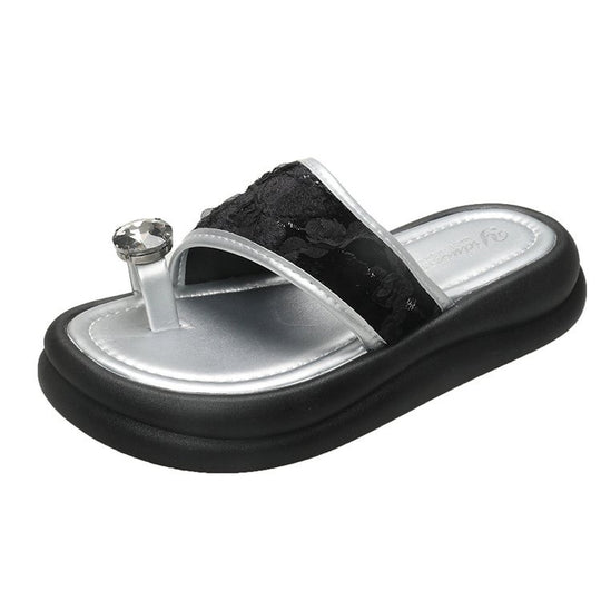 Damen trendige Flip-Flops mit floralem Dekor und funkelndem Schmuckdetail EB