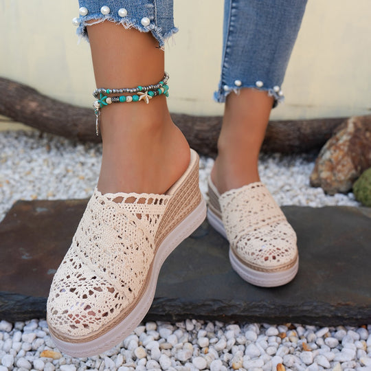 Damen  gehäkelte Plateau-Mules mit Jute-Optik Keilsohle und atmungsaktivem Komfortfutter EB