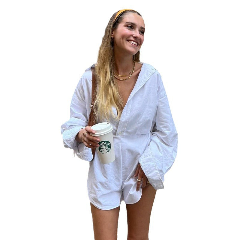 Damen nan taillierter Hemd‑Romper mit Langarm, verdeckter Knopfleiste und figurformender Taille EB