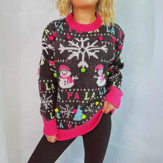 Damen festlicher Pullover mit bunten 3D-Applikationen und motivischem Design EB