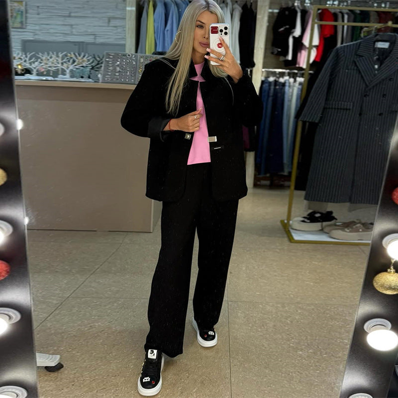 Damen lässige Sweater-Blazer-Kombination mit weit geschnittenen Hosen EB
