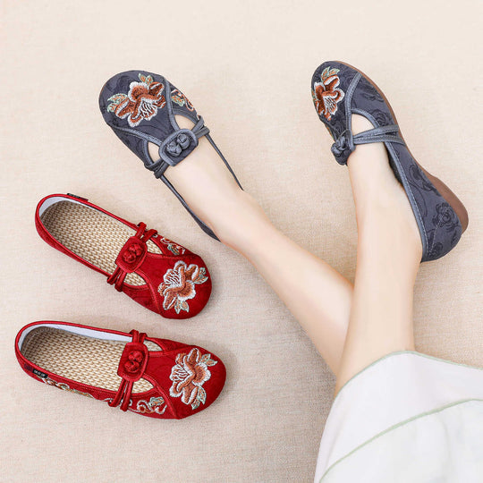 Damen nan bestickte Mary-Jane Slipper mit chinesischem Knotenverschluss und orthopädischer Komfortsohle EB