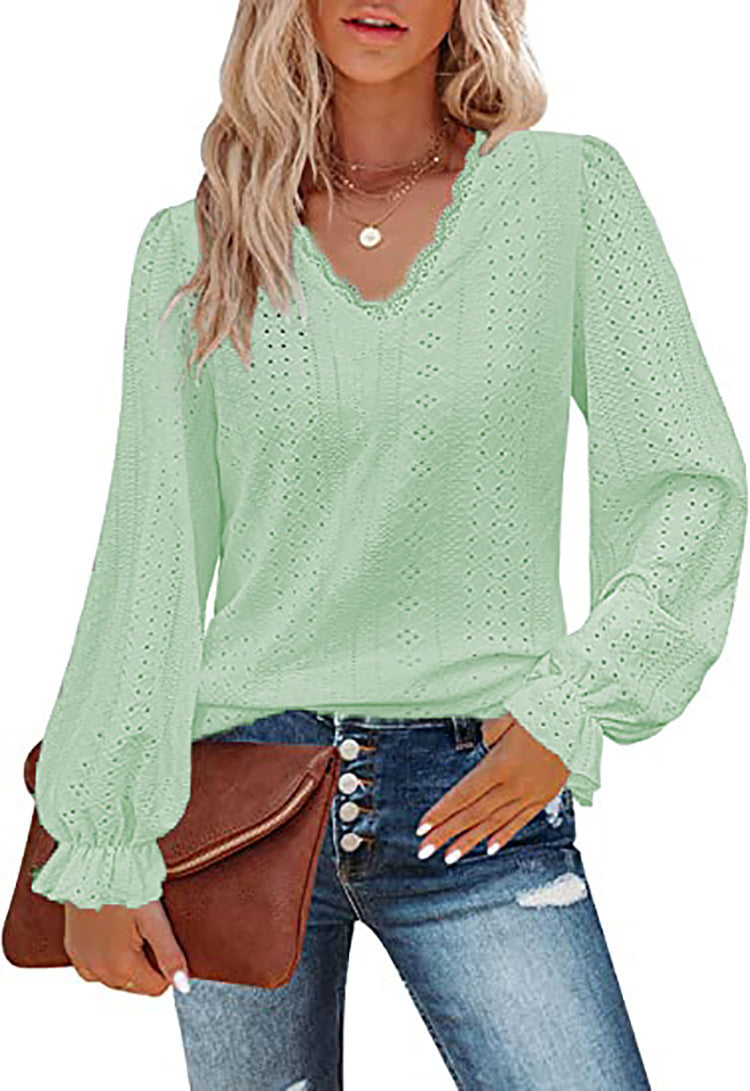 Damen lässige Bluse mit romantischem Spitzenmuster EB