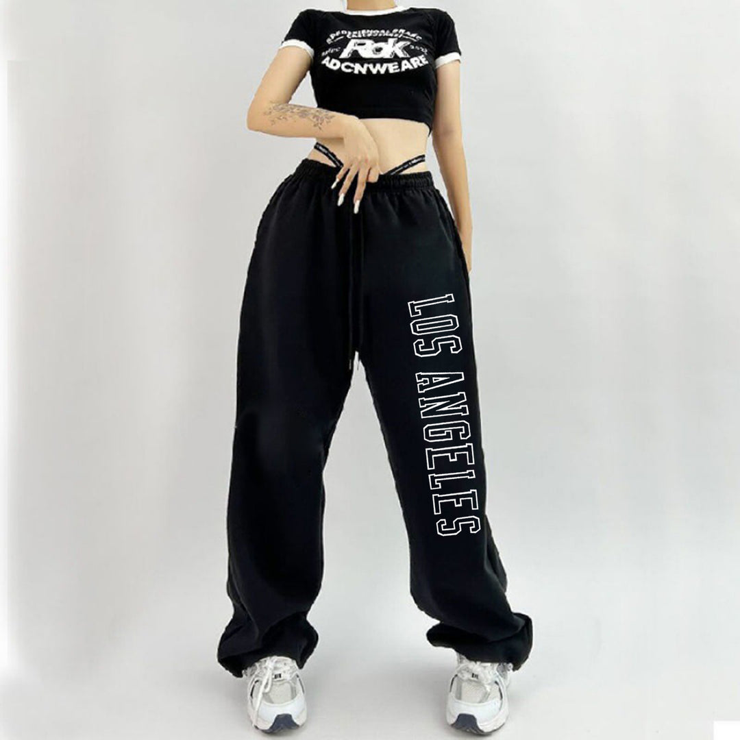 Damen nan weiche Highwaist-Sweatpants mit seitlichem New York-Print, elastischem Bund und Kordel EB