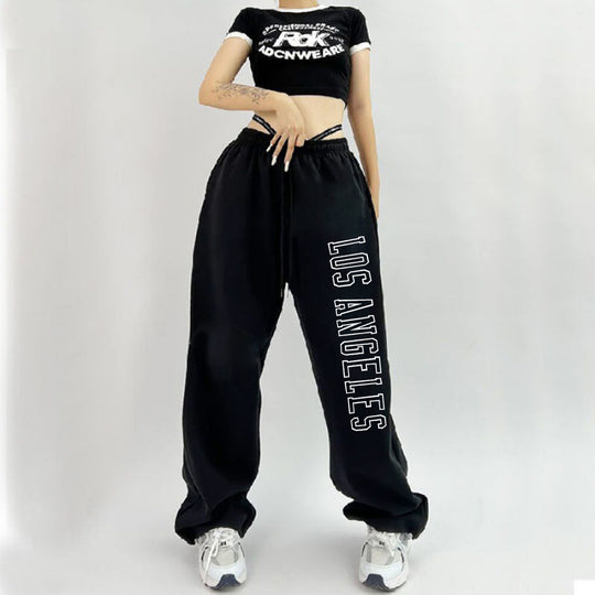 Damen nan weiche Highwaist-Sweatpants mit seitlichem New York-Print, elastischem Bund und Kordel EB