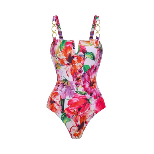 Damen eleganter Badeanzug mit floralem Wickelrock EB