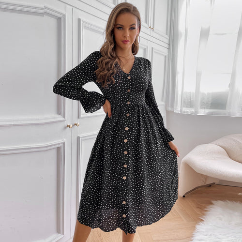 Damen Midikleid mit Knöpfen und weit ausgestellten Ärmeln EB