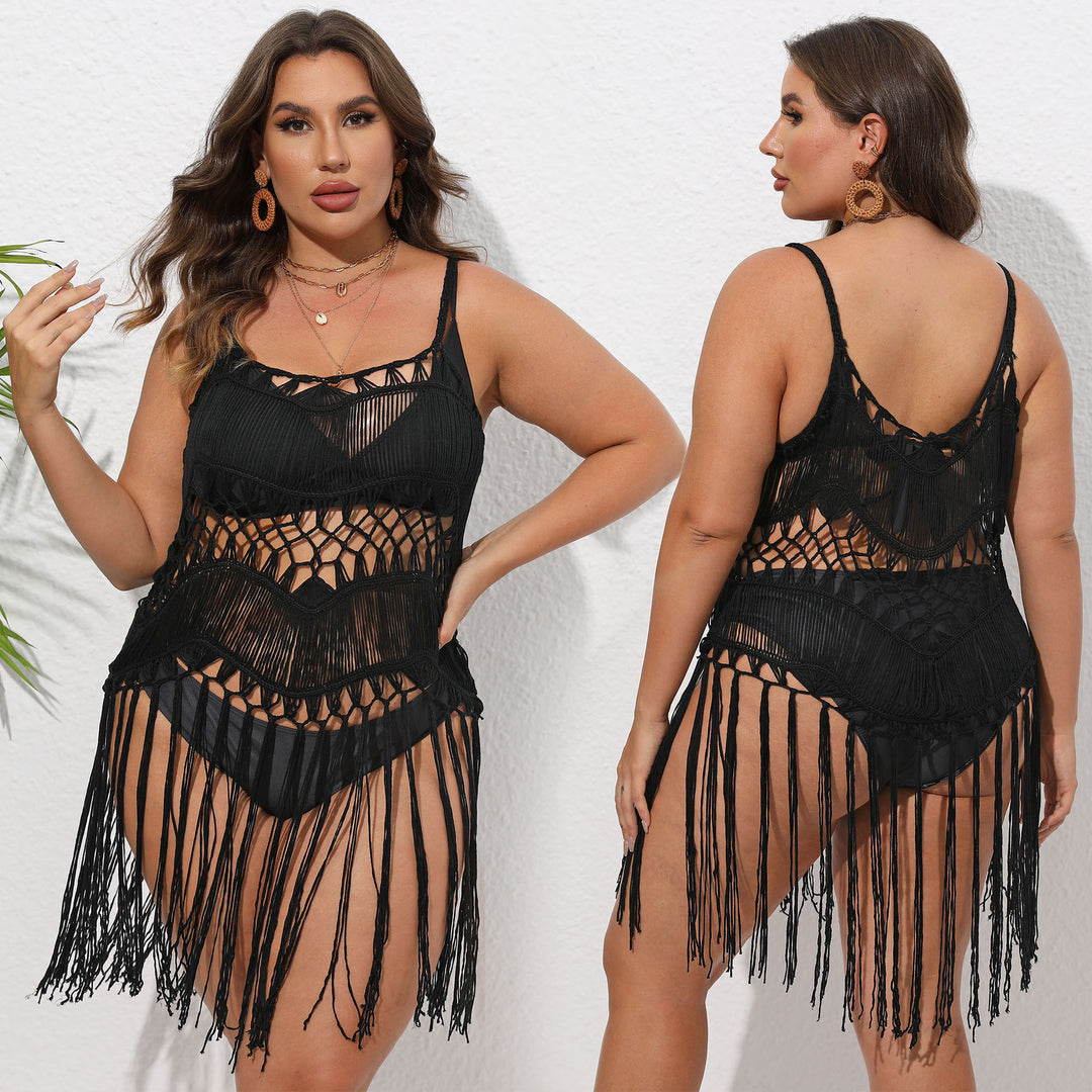 Damen Häkel-Strandüberwurf mit fransigem Design EB