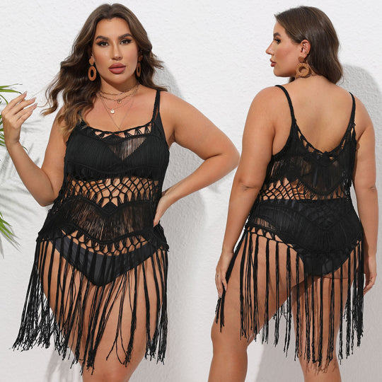 Damen Häkel-Strandüberwurf mit fransigem Design EB