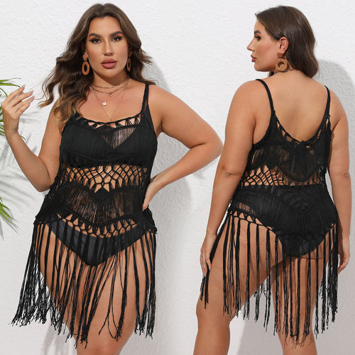 Damen Häkel-Strandüberwurf mit fransigem Design EB