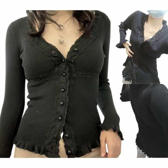 Damen Strickoberteil mit romantischem Spitzenbesatz und Rüschendetails EB