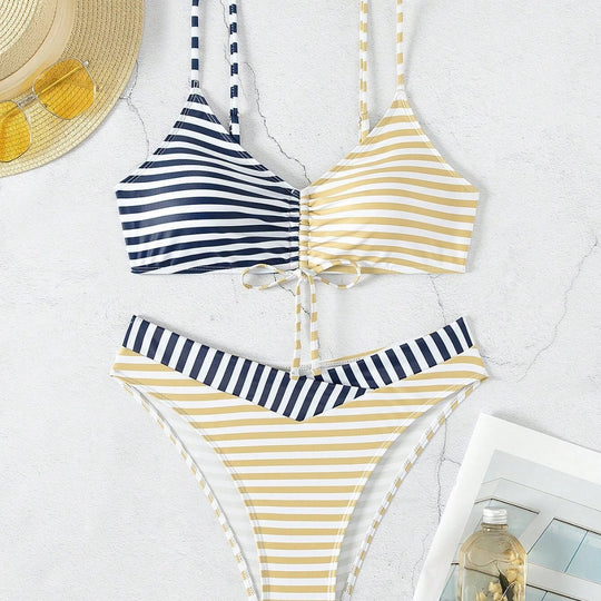 Damen Triangel-Bikini mit raffiniertem Knoten und modischem Streifenmuster EB