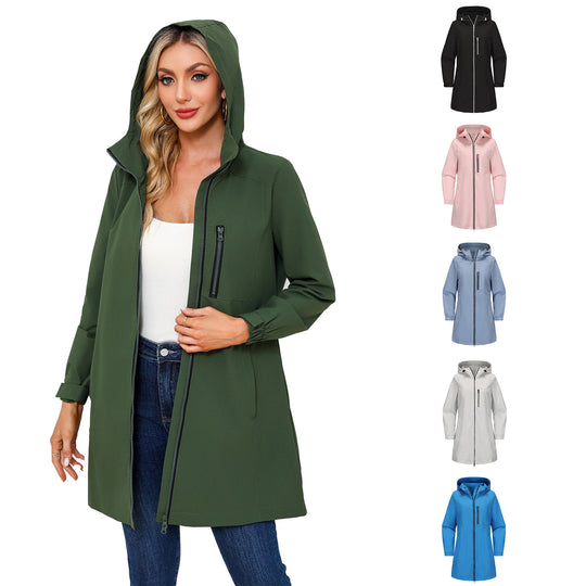 Damen modische Regenjacke mit Kapuze und praktischen Taschen EB