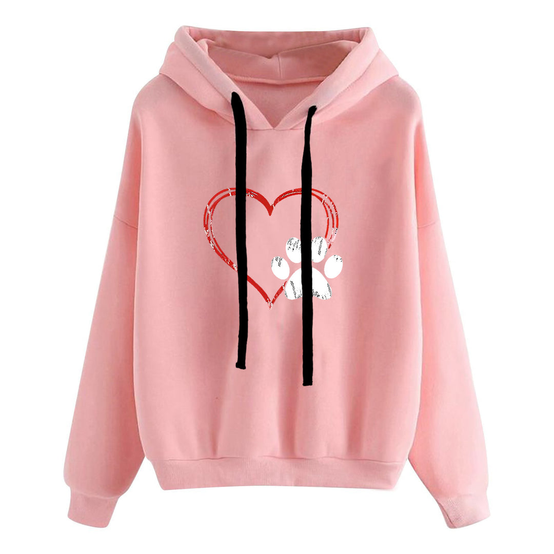 Damen nan lässiger Oversize Kapuzenpullover mit Herz‑und‑Pfotenprint, Kordelzug und gerippten Bündchen EB