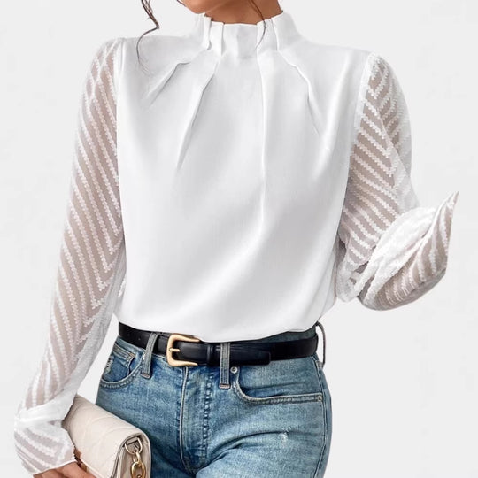 Damen Elegante Chiffonbluse mit Stehkragen, Faltenkante und transparenten Jacquard-Ärmeln EB