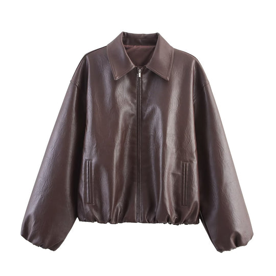 Damen modische Kunstlederjacke mit hohem Kragen und elastischer Taille EB