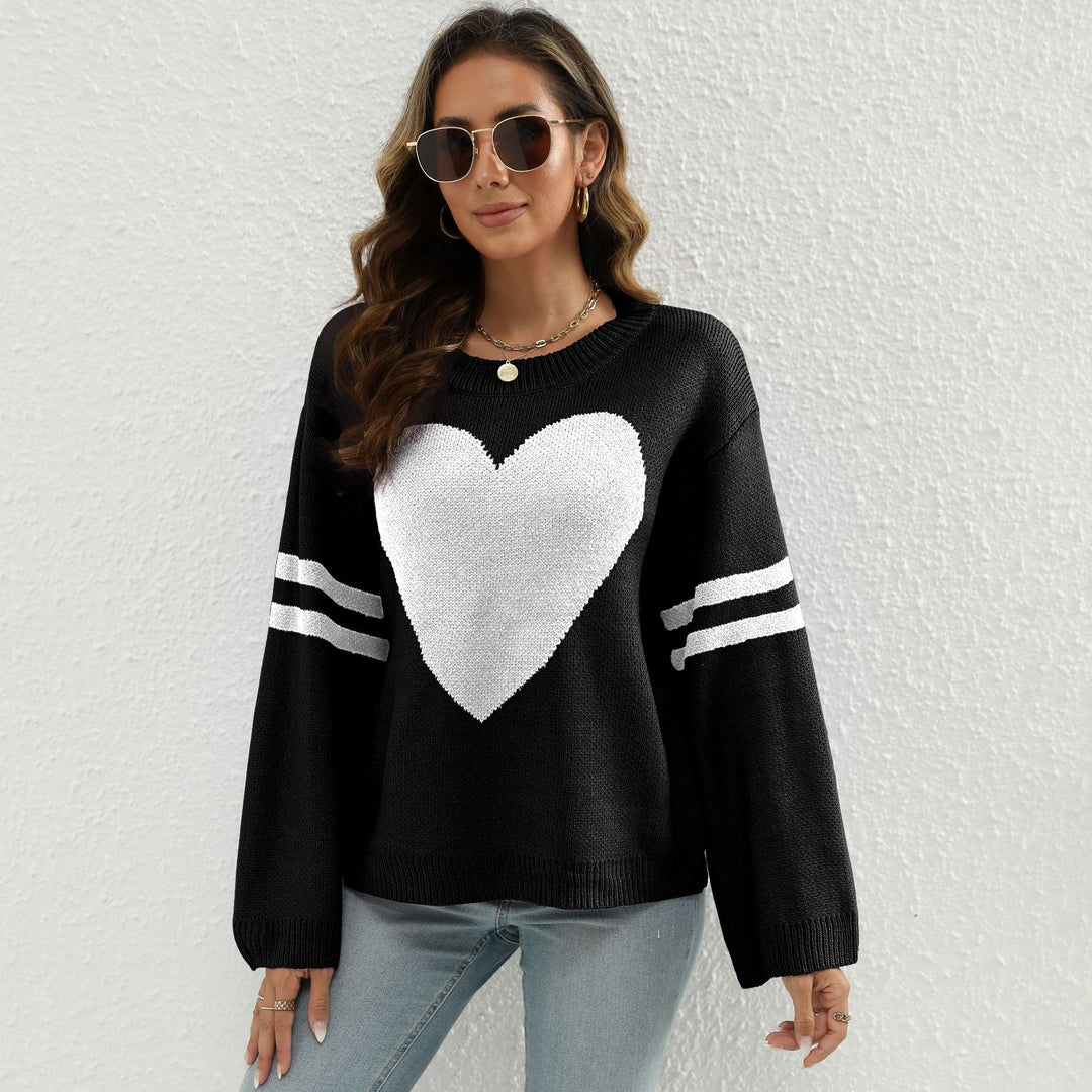 Damen Strickpullover mit Herzmotiv und lässigen Ärmelabschlüssen EB