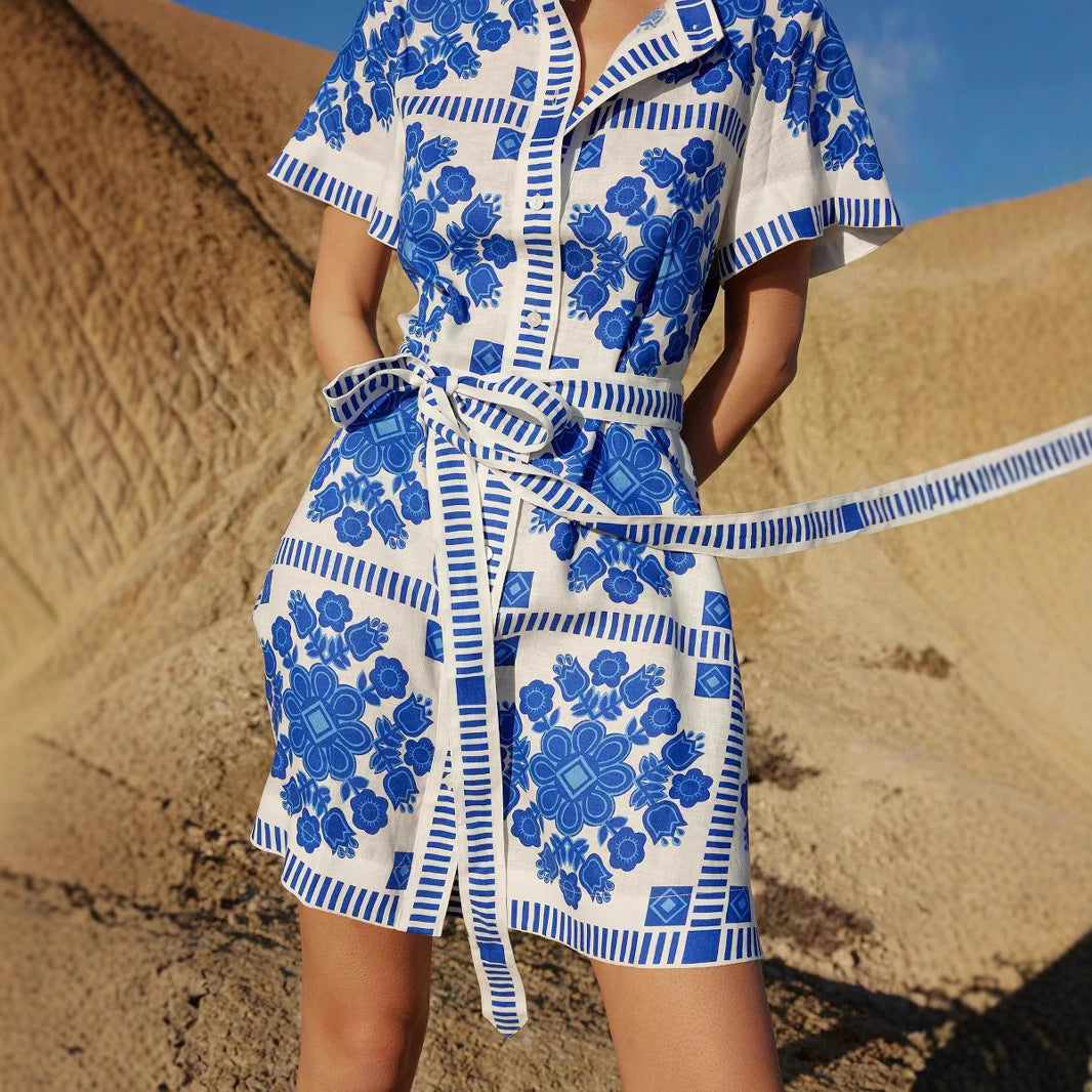 Damen Freizeitkleid mit floralem Muster und bequemen Taillengürtel EB