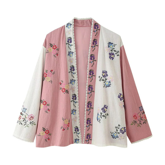 Damen Kimono-Jacke mit floralen Stickereien und elegantem Kragen EB