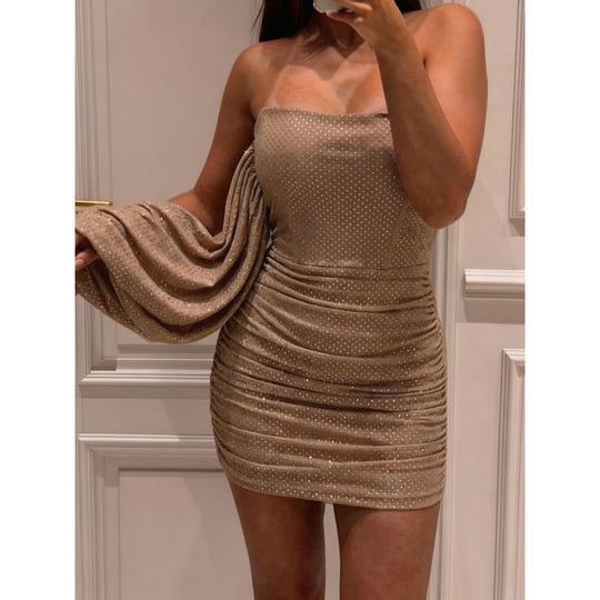 Damen Glamourös drapiertes Cocktailkleid mit asymmetrischem Ausschnitt und funkelnden Details EB