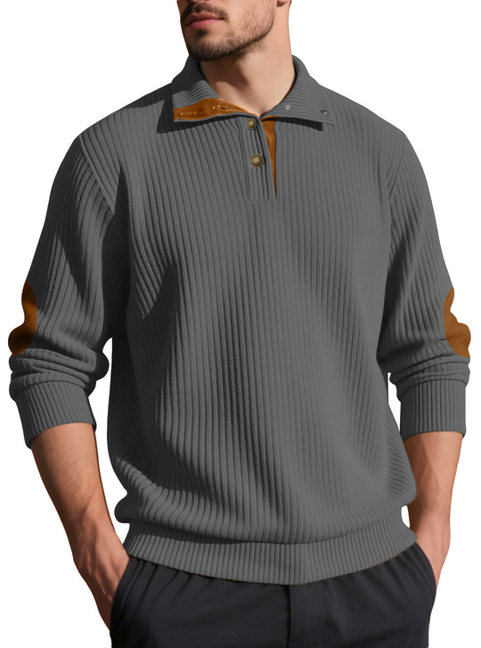 Herren nan Rippstrick-Halbknopf-Pullover mit Kentkragen und Lederbesatz EB