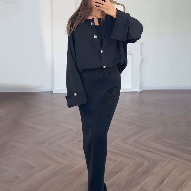Damen Strickanzug mit elegantem Blazer und ärmellosem Maxikleid EB