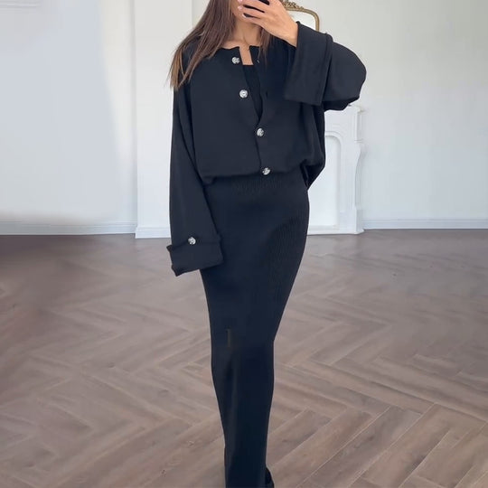 Damen Strickanzug mit elegantem Blazer und ärmellosem Maxikleid EB