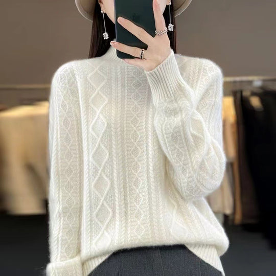 Damen Hochwertiger Strickpullover mit Stehkragen und Zopfdesign EB
