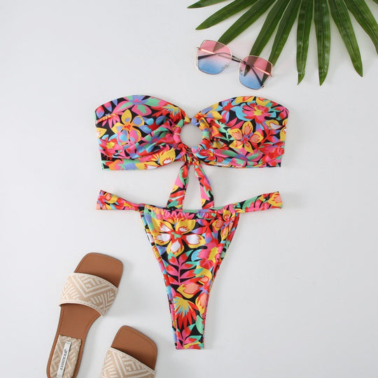 Damen Bandeau Bikini mit kreativem Raffungseffekt und verspieltem Design EB