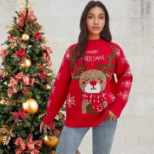 Damen Weihnachtspullover mit niedlichem Rentiermotiv und winterlichen Schneeflocken EB