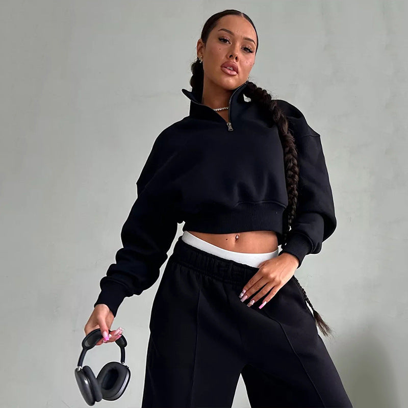 Damen Zweiteiliges Cropped-Halbzip-Sweatset mit Stehkragen und elastischer High-Waist-Jogginghose EB