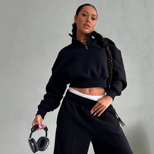 Damen Zweiteiliges Cropped-Halbzip-Sweatset mit Stehkragen und elastischer High-Waist-Jogginghose EB