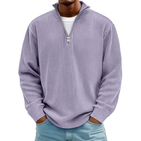 Herren nan gerippter Strickpullover mit halbem Reißverschluss und Stehkragen EB