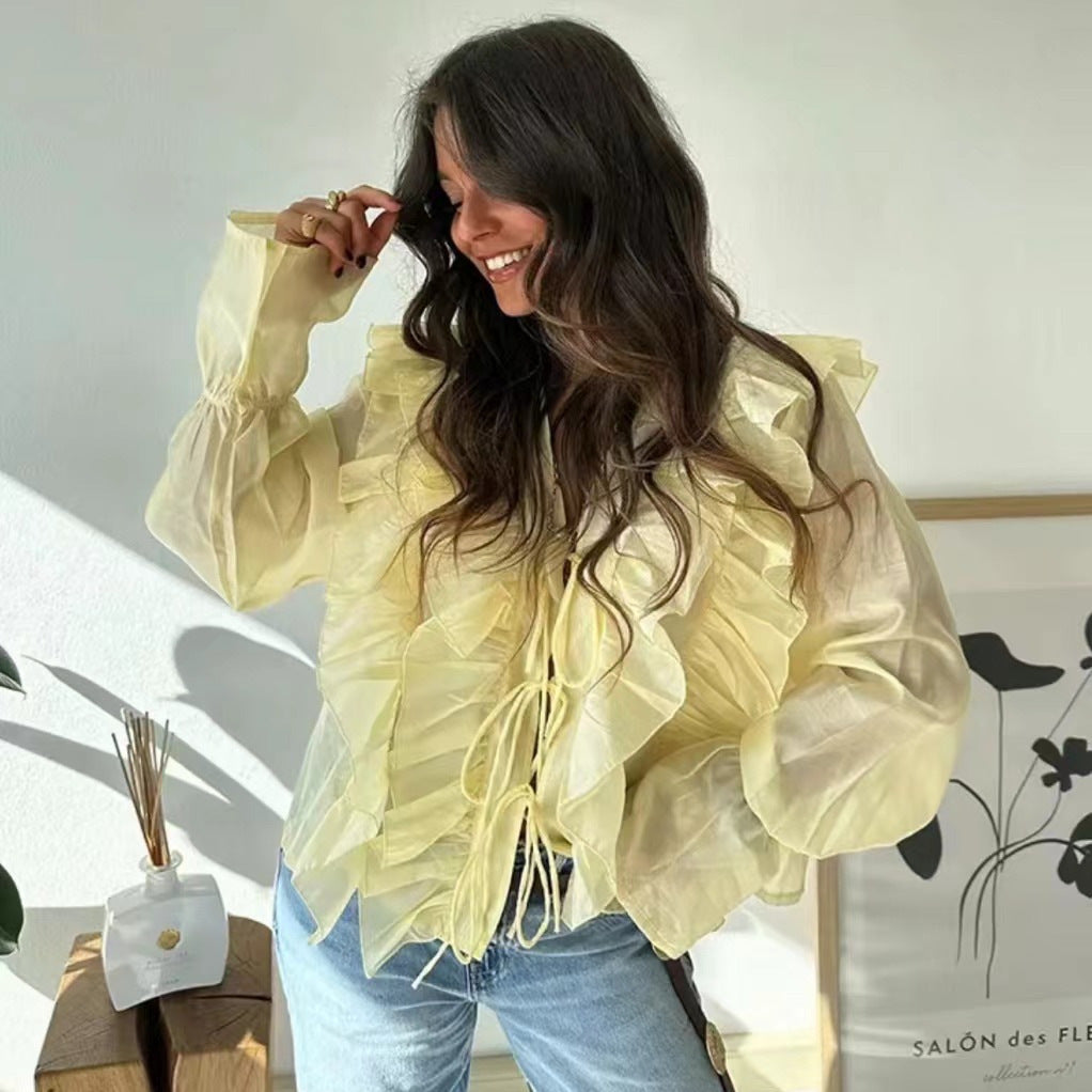 Damen Rüschenshirt mit verspielt voluminösen Ärmeln und seitlichem Bindeband EB