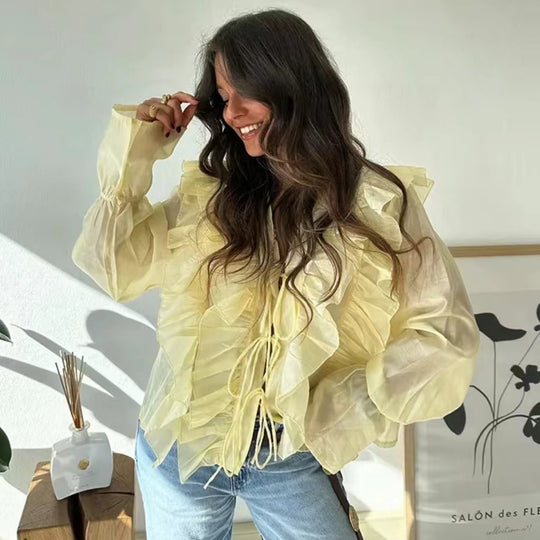 Damen Rüschenshirt mit verspielt voluminösen Ärmeln und seitlichem Bindeband EB