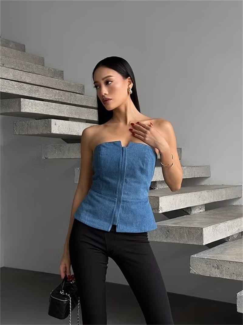 Damen ärmelloser Denim-Top mit Reißverschluss EB