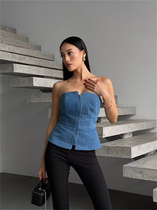 Damen ärmelloser Denim-Top mit Reißverschluss EB