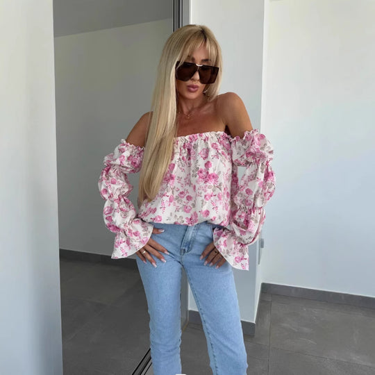 Damen Off-Shoulder Bluse mit Rüschendetails und floralen Mustern EB