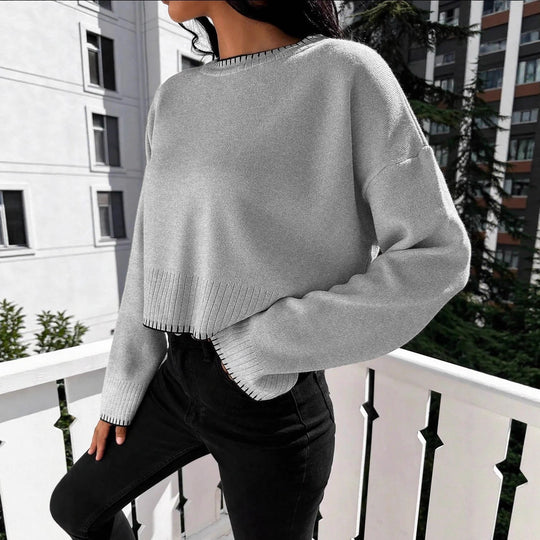 Damen Cropped Strickpullover mit feiner Rippenstruktur und lässigem Schnitt EB