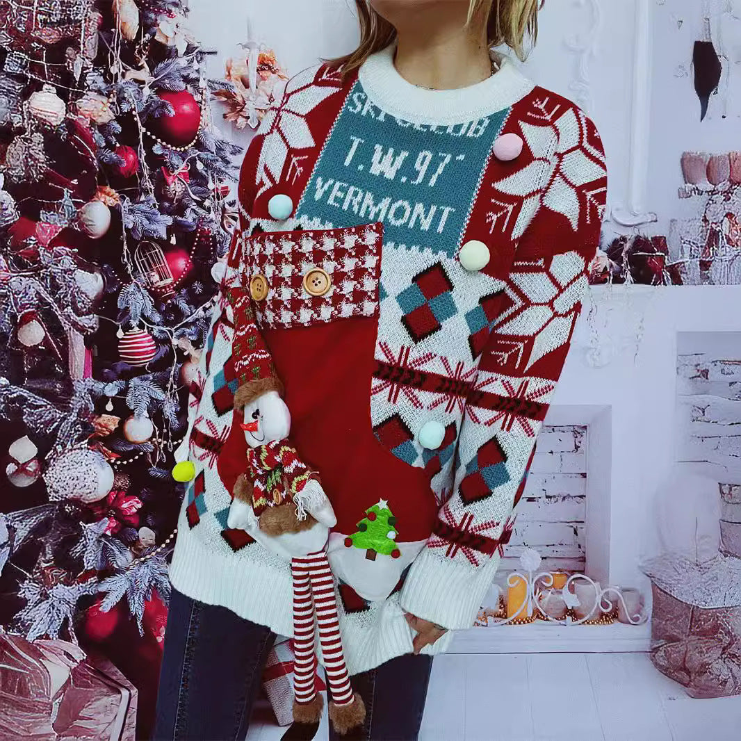 Damen festlicher Pullover mit winterlichem Schneemann-Motiv und dekorativen Details EB