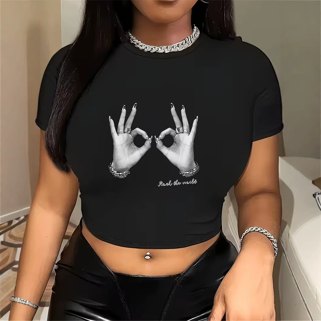 Damen cropped T-Shirt mit kreativem Handmotiv EB