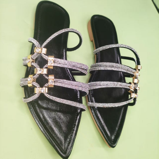 Damen elegante Riemchen-Sandalen mit funkelnden Akzenten und spitzem Zehenbereich EB
