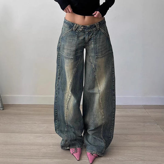 Damen nan weite Low-Rise Baggy-Jeans mit markanten V‑Nahtpaneelen und aufgesetzten Fronttaschen EB