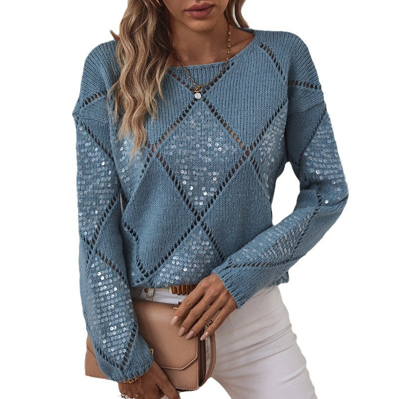 Damen modischer Pullover mit aufwendigem Strickdesign und Glitzerelementen EB