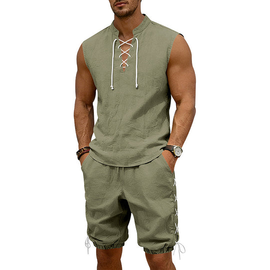 Herren nan ärmelloses Freizeit-Set mit Schnürkragen und Kordelzug-Bermuda EB