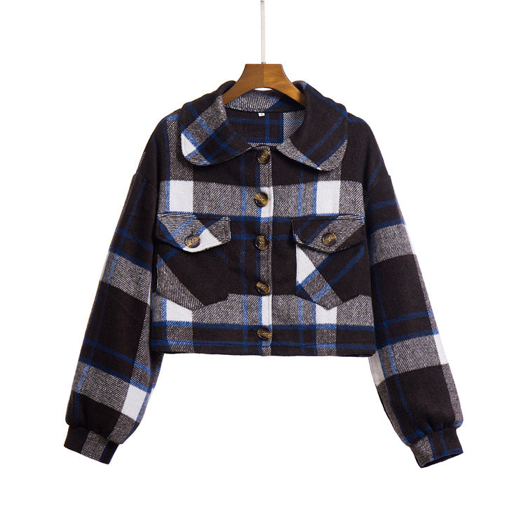 Damen modische Karojacke mit cropped Schnitt und praktischen Taschen EB