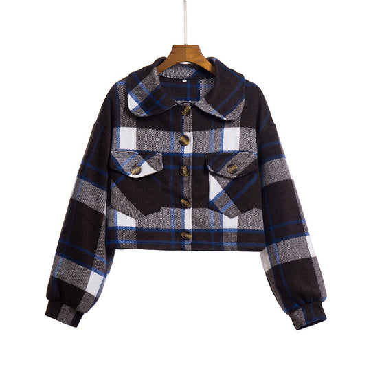 Damen modische Karojacke mit cropped Schnitt und praktischen Taschen EB