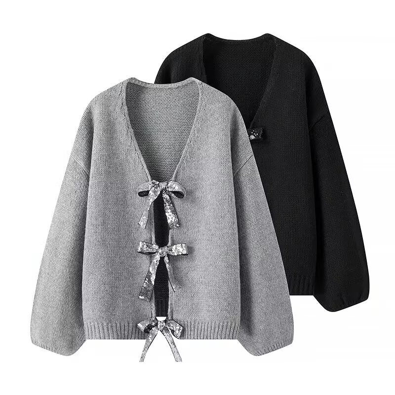 Damen luftige Strickjacke mit Schimmerndem Bindegürtel EB