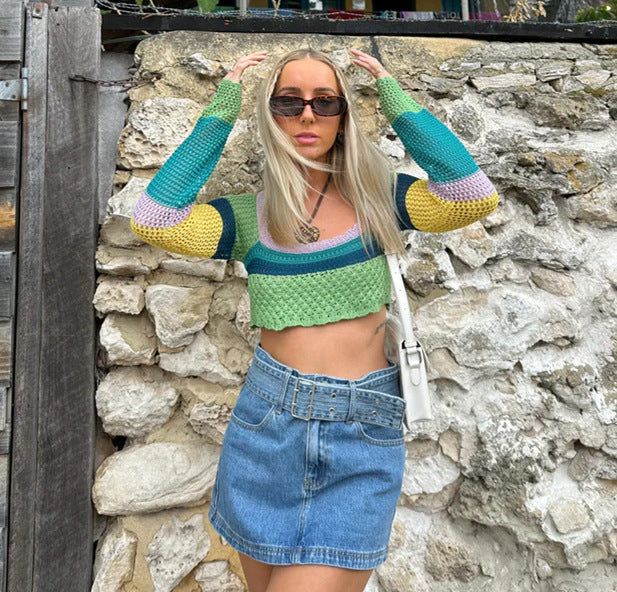 Damen luftiges gehäkeltes Crop-Top mit auffälligem Streifenmuster EB